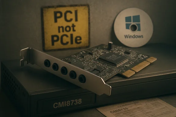 An old PCI expansion card rests on a drive, beside a “PCI not PCIe” sign.