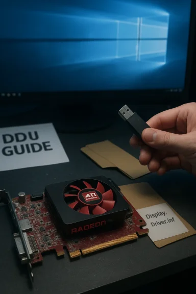 A hand holds a USB drive near a Radeon graphics card with a Windows desktop in the background.
