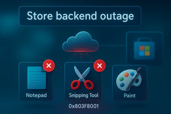 Store backend outage disrupts core apps (Notepad, Snipping Tool) via cloud.