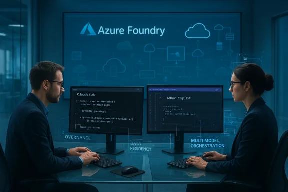 Two developers code at a dual-monitor desk in front of Azure Foundry branding.