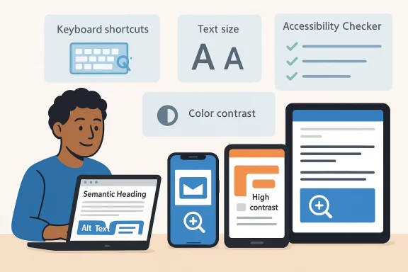 A person uses multiple devices showcasing accessibility features like text size, color contrast, and alt text.