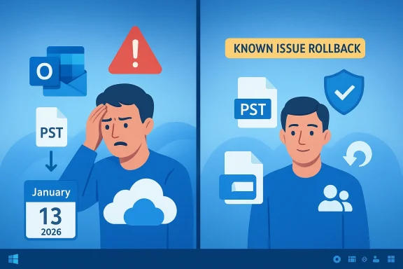 Left: worried person with PSTs and calendar; right: Known Issue Rollback and security icontinuens.
