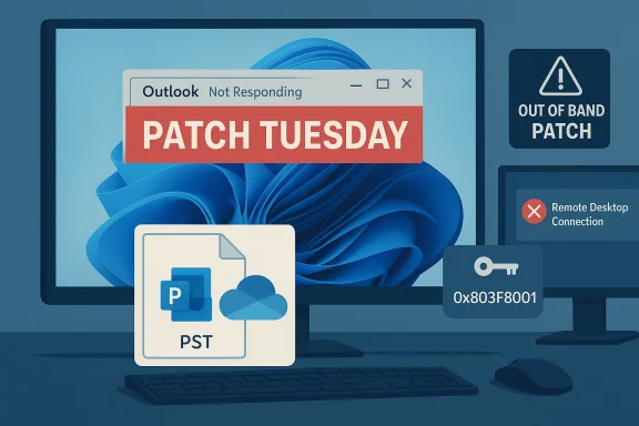 Illustration of Patch Tuesday alert on a PC with Outlook not responding and patch warnings.