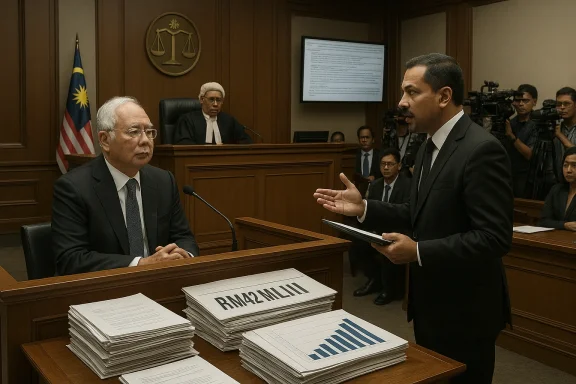 In a Malaysian courtroom, a man testifies beside RM42 million documents as a judge presides.