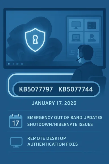 IT security briefing poster with a shield icon, KB numbers, and Jan 17, 2026 tasks. IT security briefing poster with a shield icon, KB numbers, and Jan 17, 2026 tasks.
