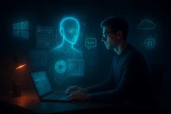 A man at a laptop surrounded by glowing blue holographic data displays.