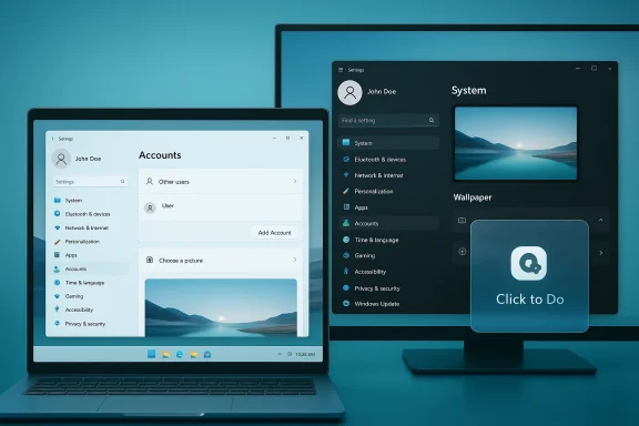 Two screens show Windows settings in light and dark themes with a Click to Do tile. Two screens show Windows settings in light and dark themes with a Click to Do tile.