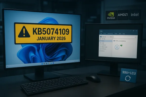 Dim office setup with two monitors; left screen shows a large yellow warning badge: KB5074109, January 2026.