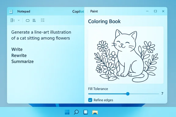 Blue split-screen Copilot UI with Notepad prompts on the left and a cat coloring page on the right.