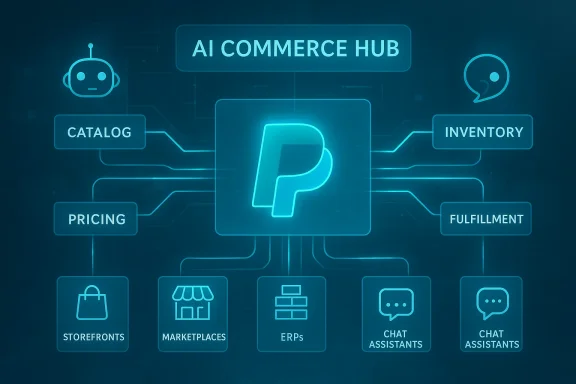 Neon blue AI commerce hub diagram linking catalog, pricing, inventory, and fulfillment.