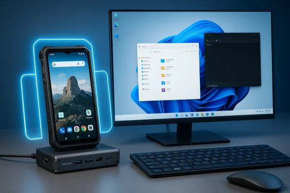 Rugged phone on a charging dock beside a Windows desktop monitor with neon blue glow.