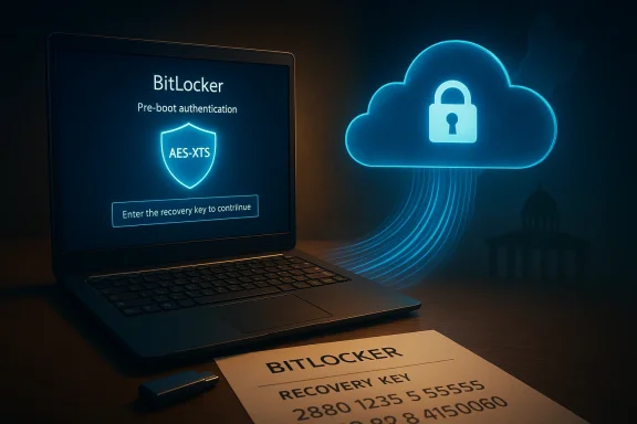 Laptop displaying BitLocker pre-boot authentication (AES-XTS) with recovery key on the desk.