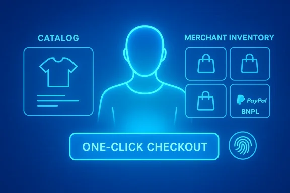 A neon blue one-click checkout interface with user silhouette, catalog, inventory, and biometrics.