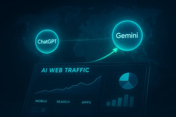 ChatGPT to Gemini: neon AI web traffic flow across a world map.