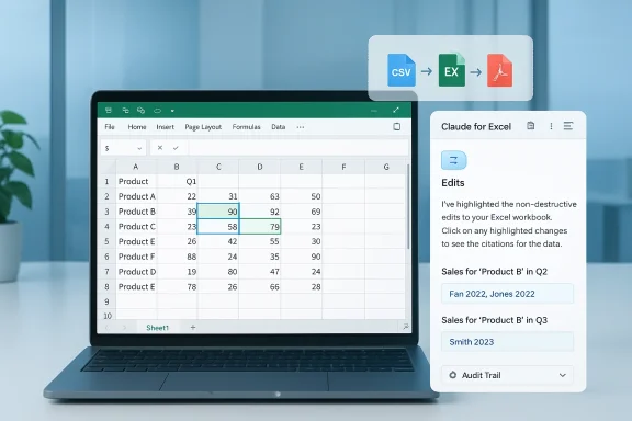 Laptop displays an Excel-like spreadsheet with highlighted cells and a Claude for Excel panel.