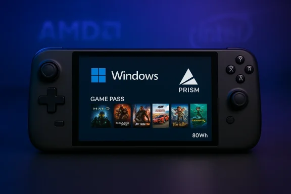 A handheld gaming device displays Windows and Prism logos with Game Pass tiles.