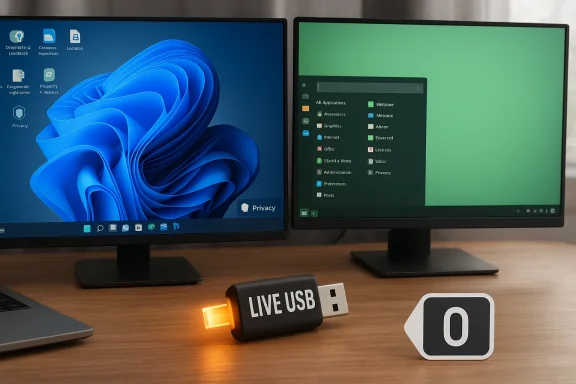 Dual-monitor desk setup with a lit 'LIVE USB' drive and a '0' sign in front.