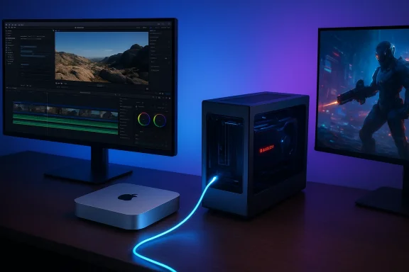 Two-monitor editing setup with a Mac mini and a blue-lit PC.