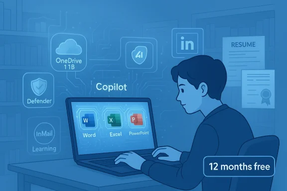 Person at a laptop using Word, Excel, and PowerPoint with Copilot—12 months free.