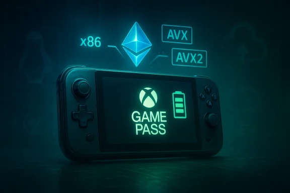 A handheld gaming device shows Xbox Game Pass with glowing holographic icons.