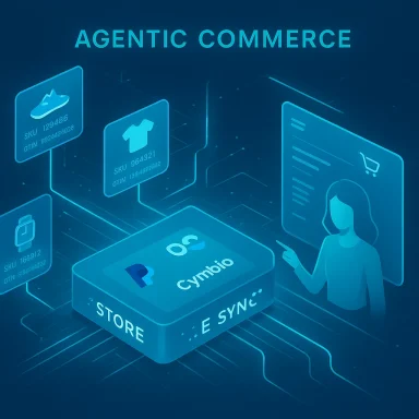 Futuristic holographic storefront for agentic commerce featuring the Cymbio module.