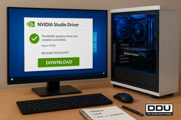 A computer setup with a monitor displaying the NVIDIA Studio Driver install prompt beside a blue-lit PC tower.