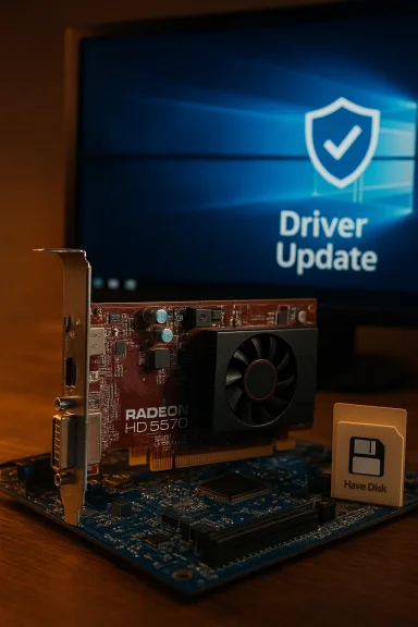 Radeon HD 5570 GPU on a motherboard with a Driverver Update screen in the background.