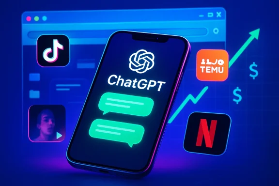 ChatGPT app on a glowing phone screen amid floating app icons and a rising financial chart.