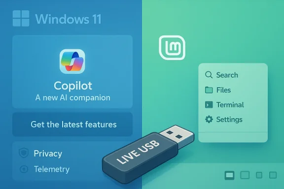 Split-screen: Windows 11 Copilot on the left, Linux Mint on the right, with a live USB in the foreground.