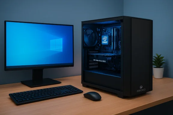 Blue-lit Zebronics PC tower beside a Windows desktop monitor on a clean wooden desk.