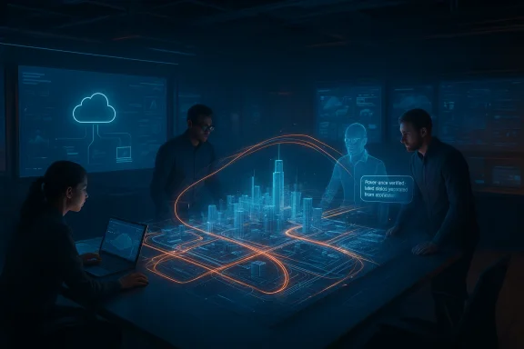 A team examines a holographic city model with neon roads on a glowing table in a high-tech control room.