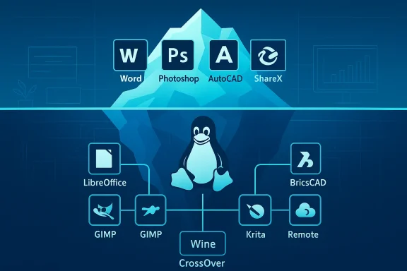 A Linux-themed infographic featuring Tux among icons for Word, Photoshop, AutoCAD, and more.