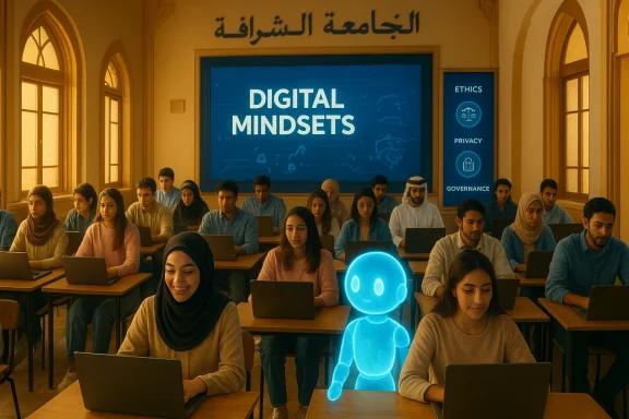 Students in a classroom on laptops, a glowing blue robot stands at the front under a 'DIGITAL MINDSETS' display.