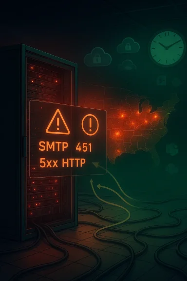 Server rack glows with orange warning signs (SMTP 451, 5xx HTTP) beside a glowing US map and tangled cables.