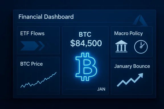 Neon-lit financial dashboard featuring BTC at $84,500 with charts and policy widgets.