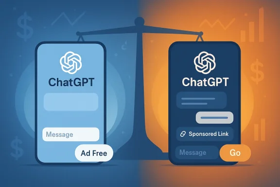 Two ChatGPT interfaces balance on a scale: ad-free left, sponsored right.