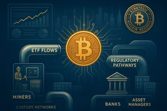 Bitcoin centerpiece connects ETF flows and regulatory pathways in a tech-finance network.
