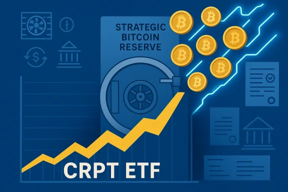 Blue illustration of a rising Bitcoin ETF chart with coins and a strategic reserve vault.