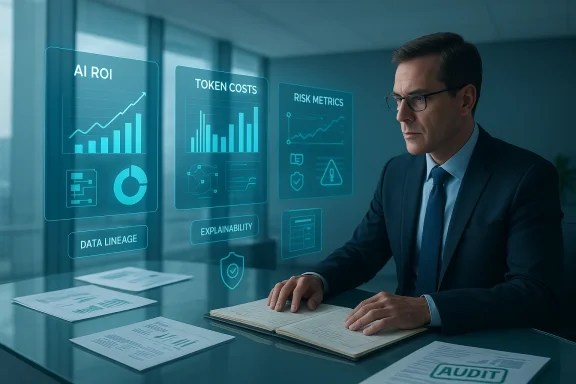 A business professional reviews AI and data dashboards projected as holographic charts.