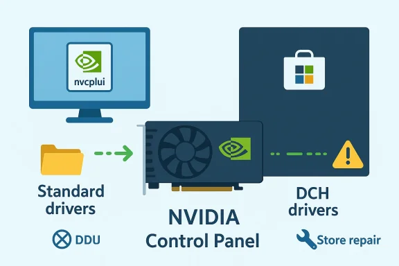 Infographic showing standard vs DCH NVIDIA drivers, with GPU and NVIDIA Control Panel.