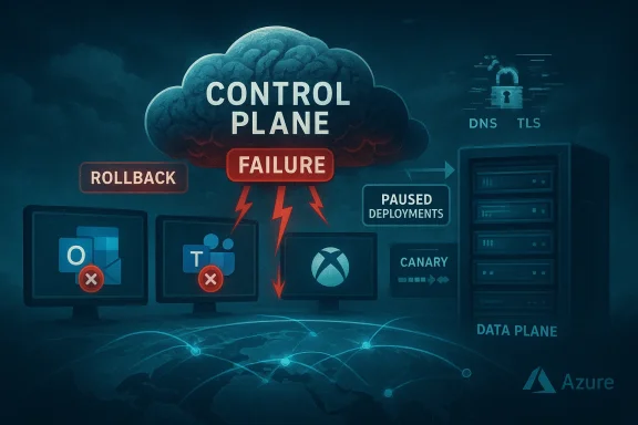 Cloud control plane failure triggers rollbacks and paused deployments across the data plane.