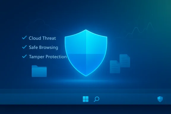 Blue security shield on a dashboard highlighting Cloud Threat, Safe Browsing, and Tamper Protection.
