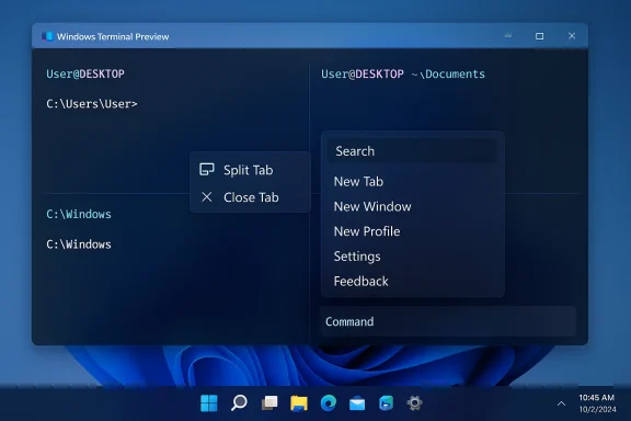 Windows Terminal Preview with split panes showing user paths on left and a right-side command menu.