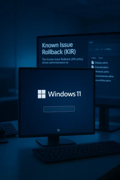 Windows 11 startup screen on a monitor in a blue-lit office.