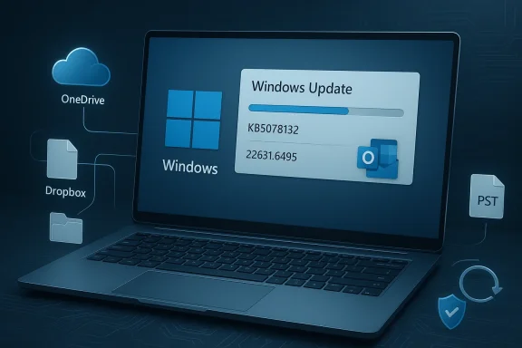 Blue-tinted laptop shows Windows Update progress with Windows logo and cloud/file icons.