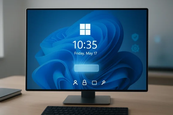 A sleek monitor displays a Windows lock screen with the time 10:35 against a blue abstract wallpaper. A sleek monitor displays a Windows lock screen with the time 10:35 against a blue abstract wallpaper.