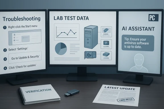 Three monitors show troubleshooting steps, lab test data, and AI assistant tips.