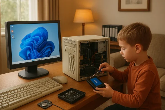A young boy repairs a desktop computer at home, using a screwdriver beside a monitor.
