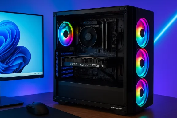 RGB-lit gaming PC with a transparent side panel, RTX GPU, and three RGB fans.