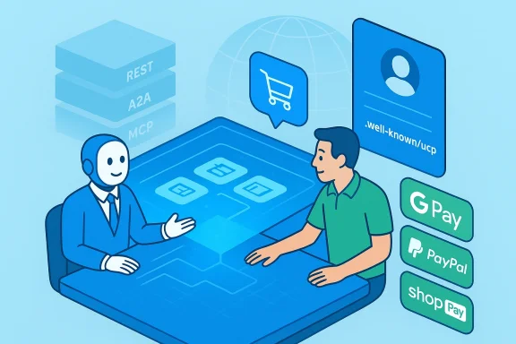 Two people discuss digital payments on a futuristic touch screen, featuring Google Pay, PayPal, and Shop Pay.